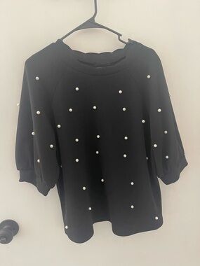 SHEIN Black Pearl-Studded Puff Sleeve Sweatshirt